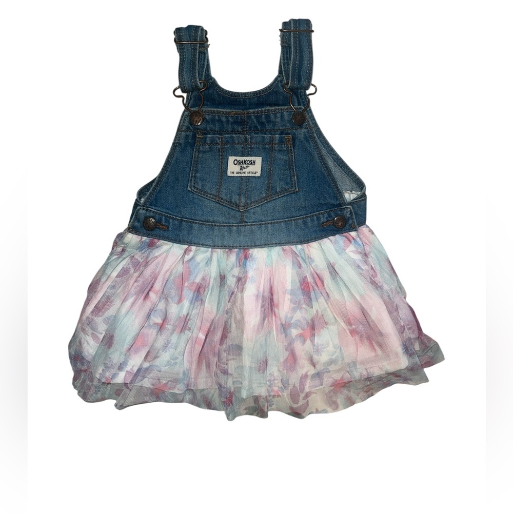 Vintage OshKosh B'gosh Denim Multicolor Floral Tulle Overall Dress